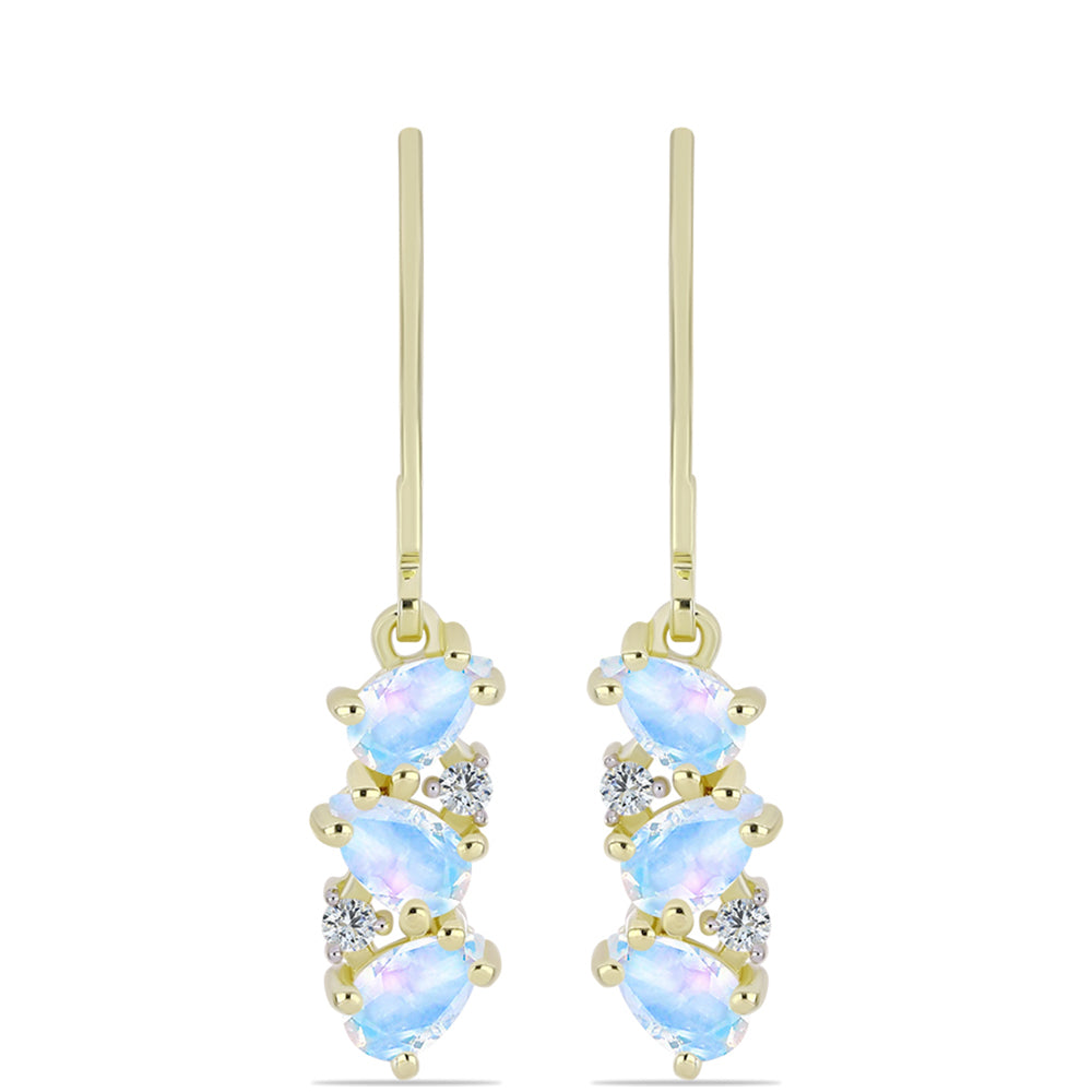 Pozlátené Strieborné Náušnice s Dúhovým Mesačným Kameňom a Bielym Topásom