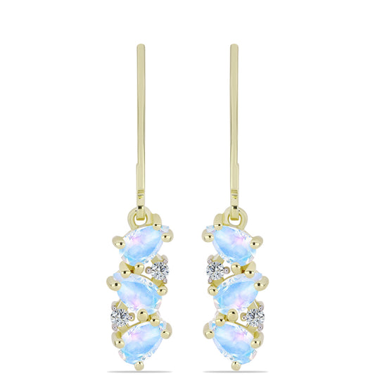 Pozlátené Strieborné Náušnice s Dúhovým Mesačným Kameňom a Bielym Topásom