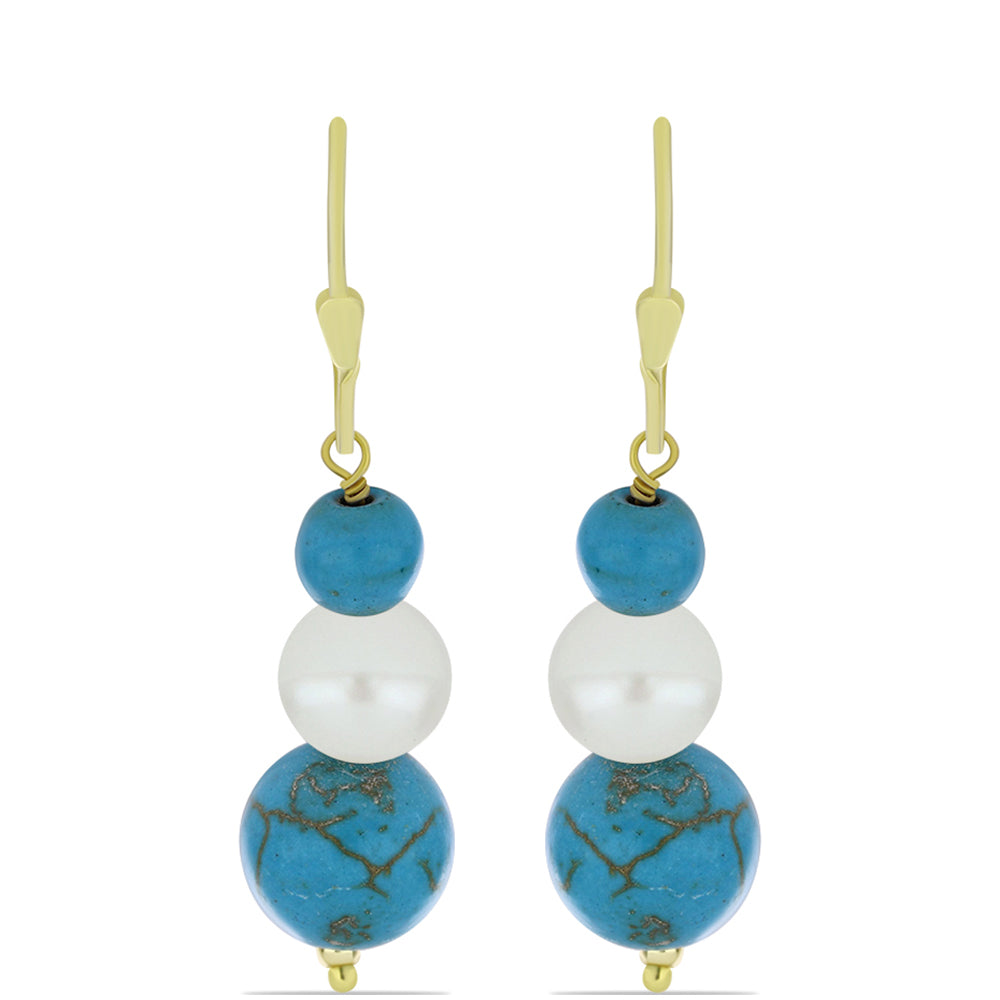 Pozlátené Strieborné Náušnice s so Sleeping Beauty Tyrkysom a Bielou Sladkovodnou Perlou