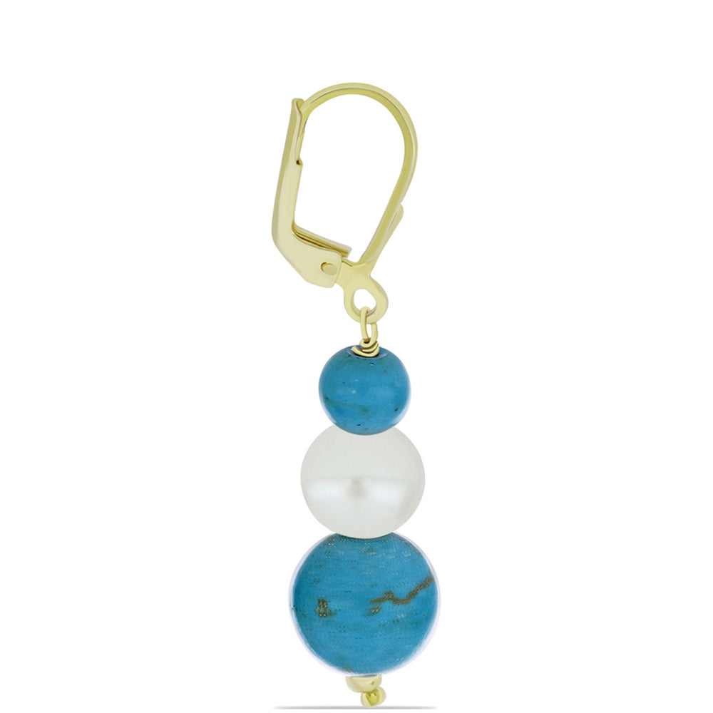 Pozlátené Strieborné Náušnice s so Sleeping Beauty Tyrkysom a Bielou Sladkovodnou Perlou 2 