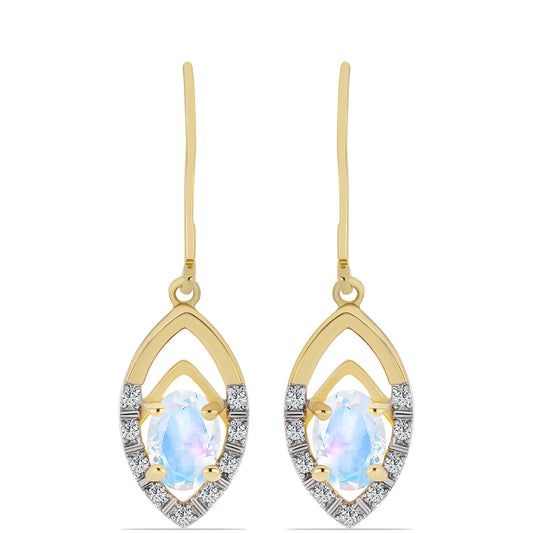 Pozlátené Strieborné Náušnice s Dúhovým Mesačným Kameňom a Bielym Topásom