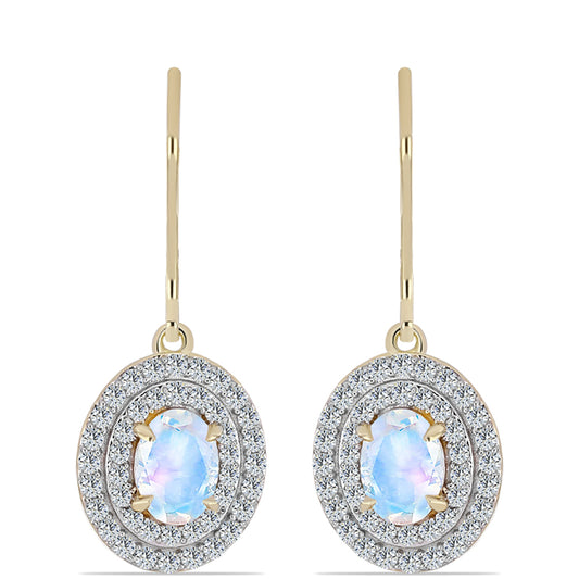 Pozlátené Strieborné Náušnice s Dúhovým Mesačným Kameňom a Bielym Topásom