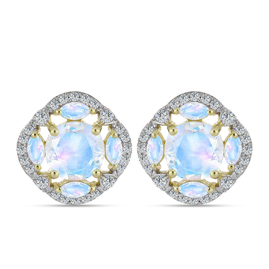 Pozlátené Strieborné Náušnice s Dúhovým Mesačným Kameňom