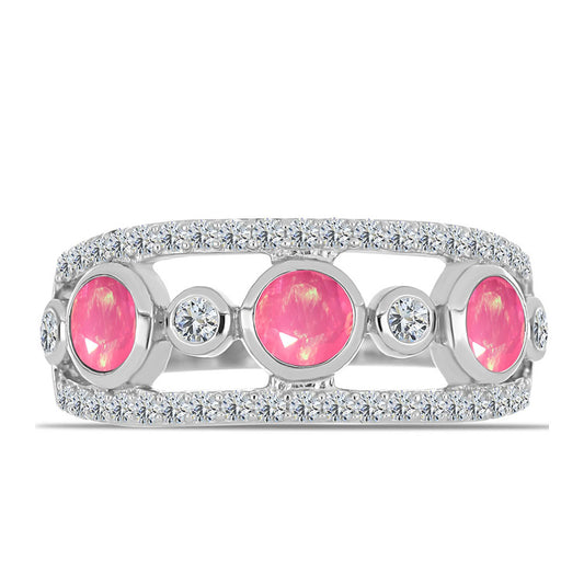 Strieborný Prsteň s so Sýto Ružovým Opálom z Lega Dembi a Bielym Topásom