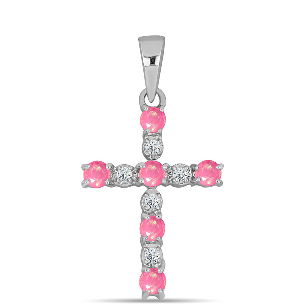 Kríž Strieborný Prívesok s so Sýto Ružovým Opálom z Lega Dembi a Bielym Topásom 1 