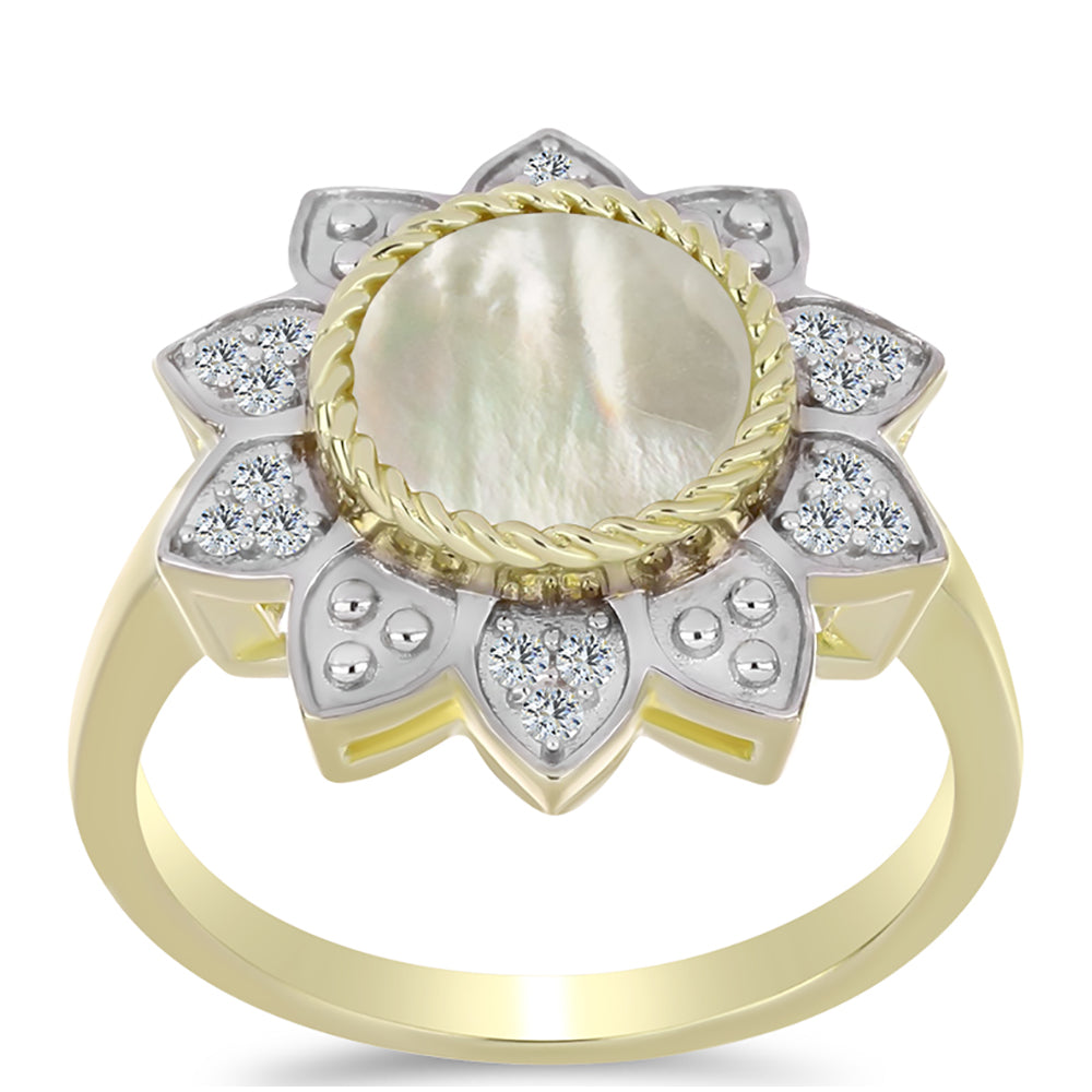 Pozlátený Strieborný Prsteň s Lastúrou a Bielym Topásom