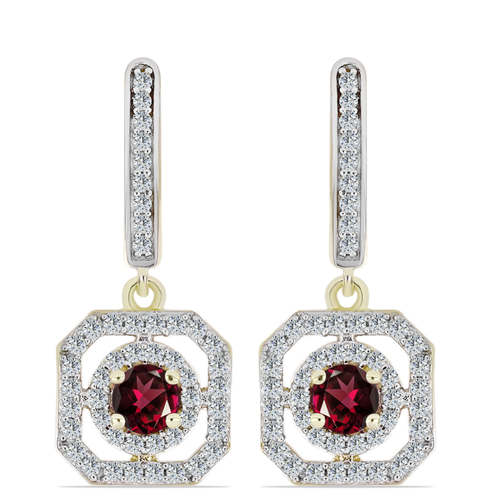 Pozlátené Strieborné Náušnice s Rhodolitovým Granátom a Bielym Topásom