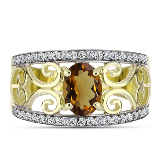 Pozlátený Strieborný Prsteň s Koňakovým Kremeňom a Bielym Topásom