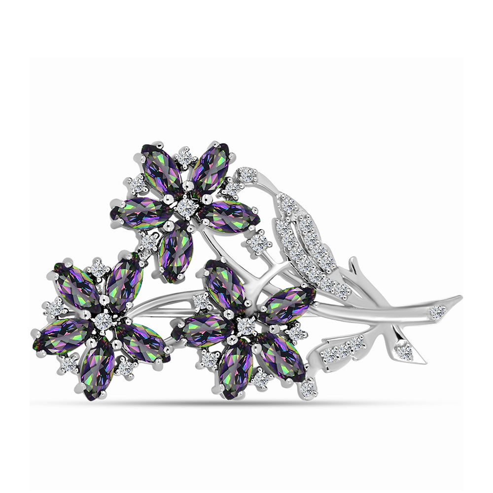 Strieborný Brošňa s Brazílskym Mysticky Zeleným Kremeňom a Bielym Topásom