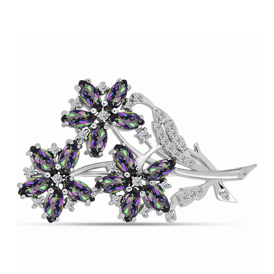 Strieborný Brošňa s Brazílskym Mysticky Zeleným Kremeňom a Bielym Topásom