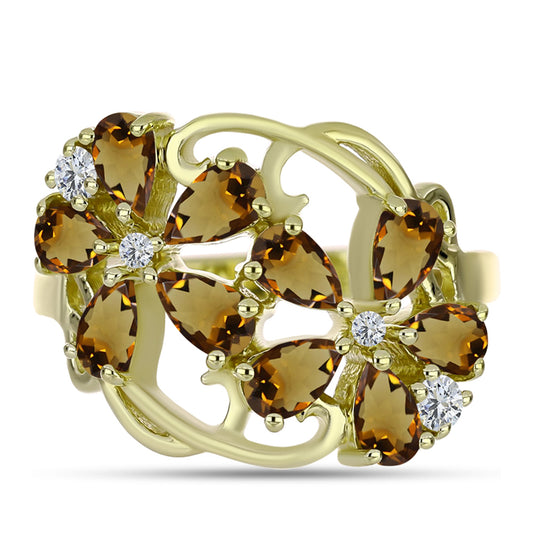 Pozlátený Strieborný Prsteň s Koňakovým Kremeňom a Bielym Topásom