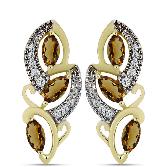 Pozlátené Strieborné Náušnice s Koňakovým Kremeňom a Bielym Topásom