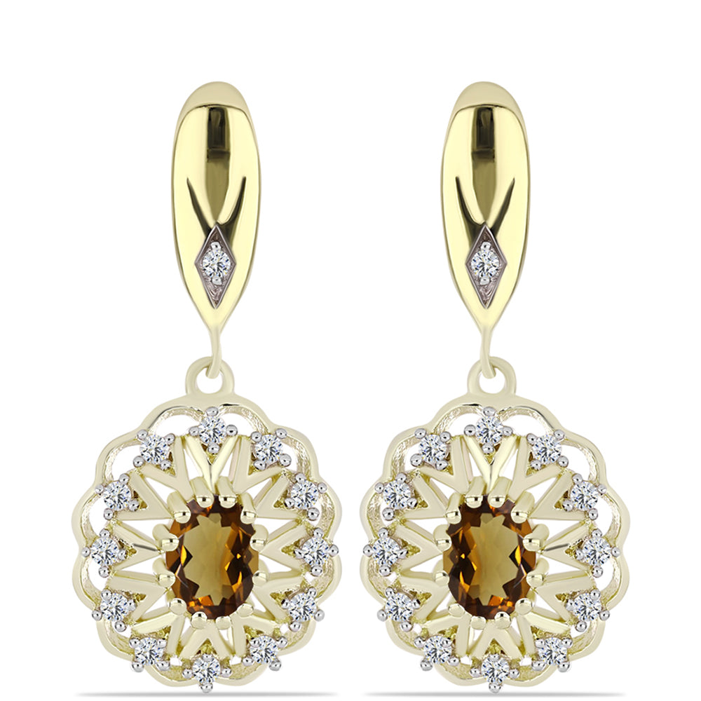 Pozlátené Strieborné Náušnice s Koňakovým Kremeňom a Bielym Topásom