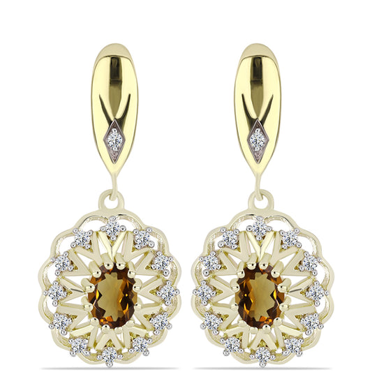 Pozlátené Strieborné Náušnice s Koňakovým Kremeňom a Bielym Topásom