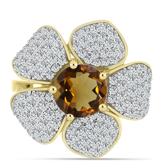 Pozlátený Strieborný Prsteň s Koňakovým Kremeňom a Bielym Topásom