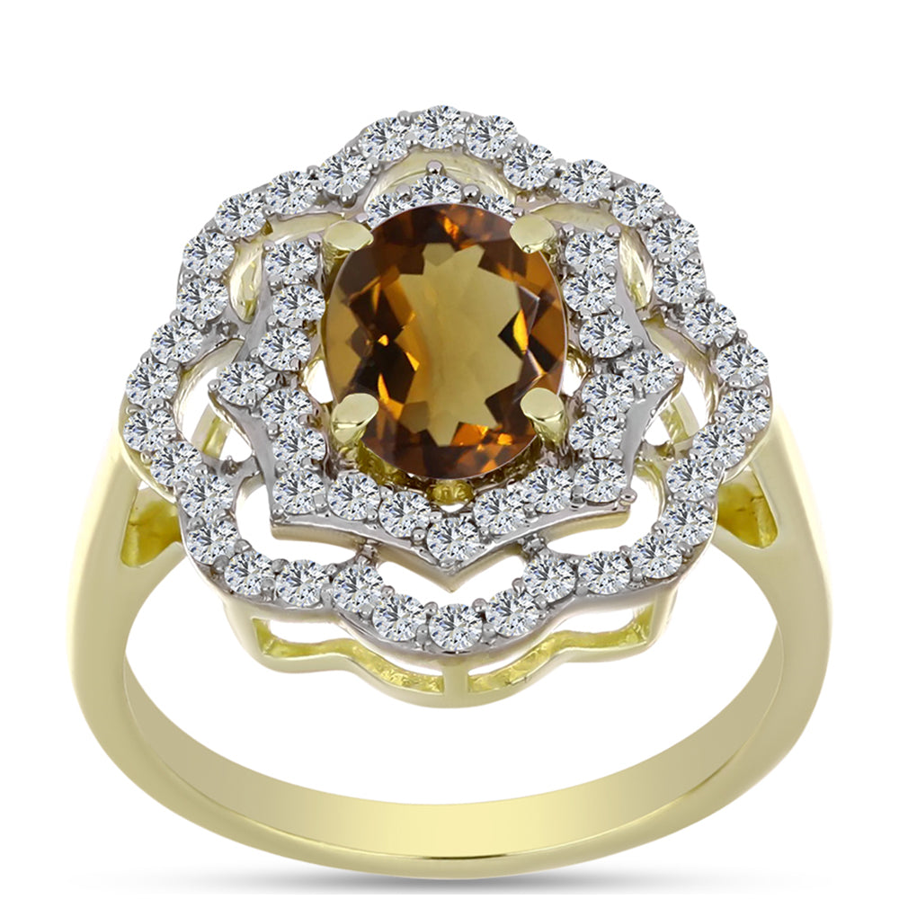 Pozlátený Strieborný Prsteň s Koňakovým Kremeňom a Bielym Topásom