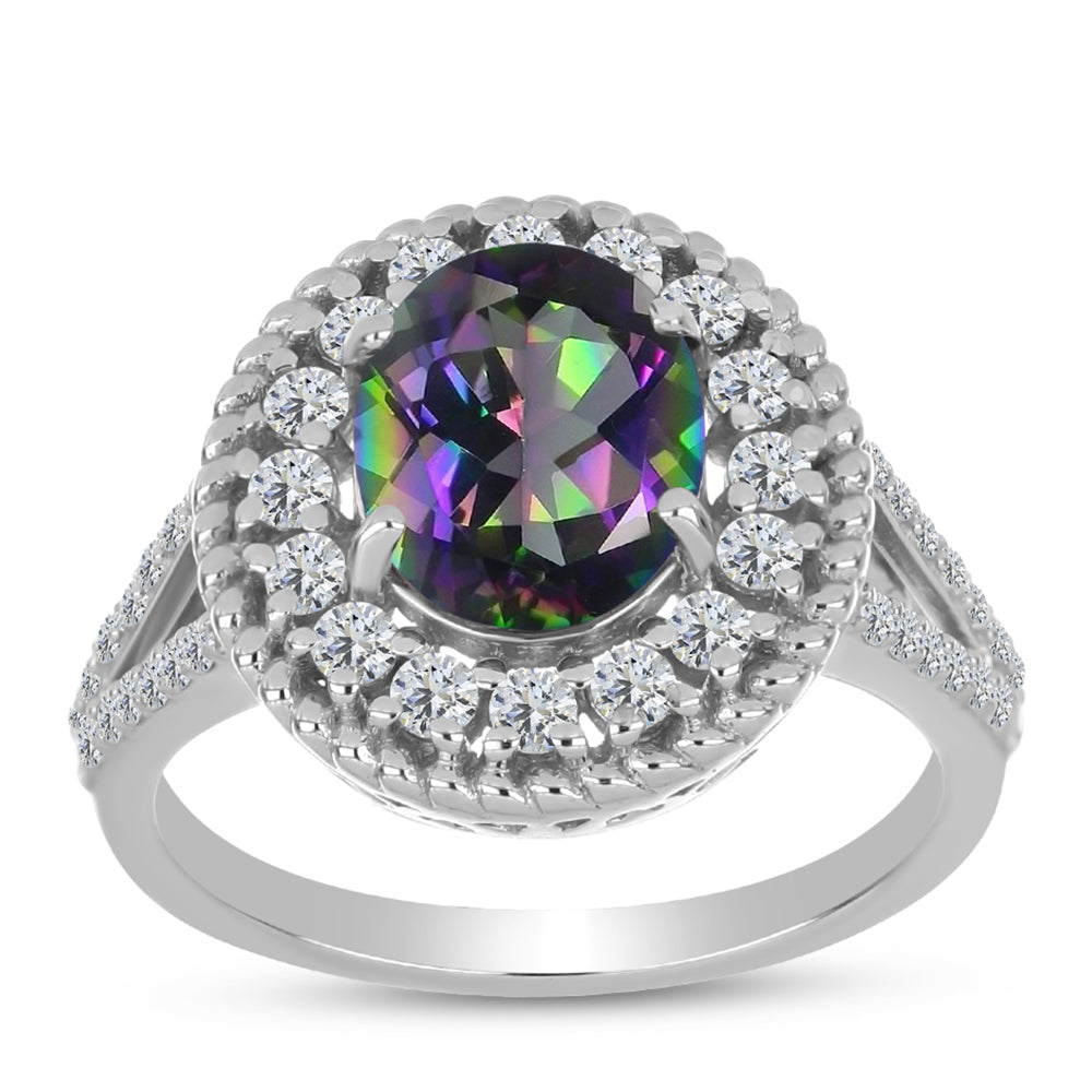 Strieborný Prsteň s Brazílskym Mysticky Zeleným Kremeňom a Bielym Topásom 3 