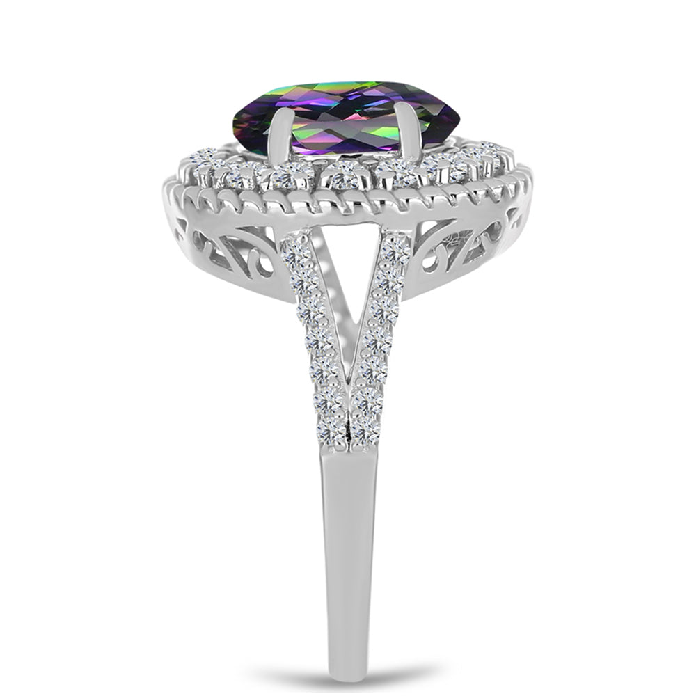 Strieborný Prsteň s Brazílskym Mysticky Zeleným Kremeňom a Bielym Topásom