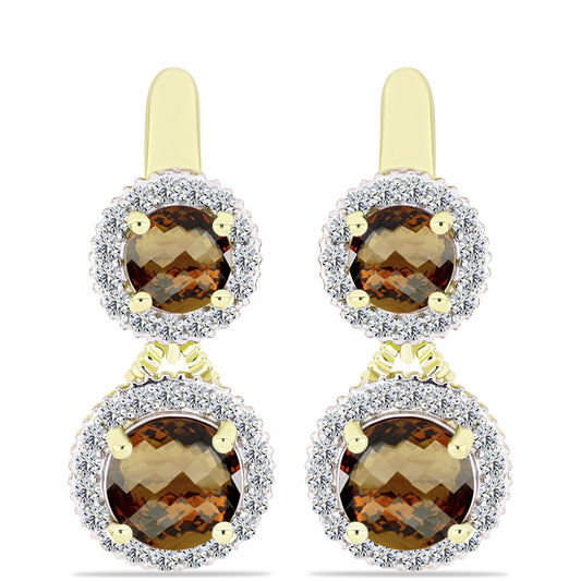 Pozlátené Strieborné Náušnice s Koňakovým Kremeňom a Bielym Topásom
