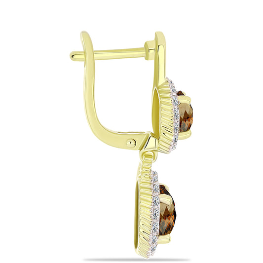 Pozlátené Strieborné Náušnice s Koňakovým Kremeňom a Bielym Topásom