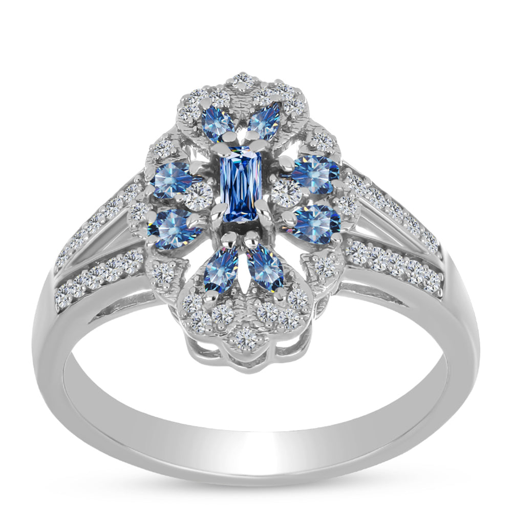 Strieborný Prsteň s S Oceánovo Modrým Moissanitom a Bielym Topásom