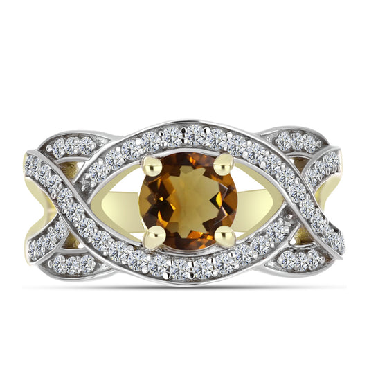 Pozlátený Strieborný Prsteň s Koňakovým Kremeňom a Bielym Topásom