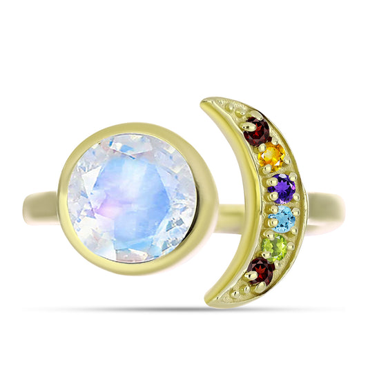 Pozlátený Strieborný Prsteň s Dúhovým Mesačným Kameňom a Marockým Ametystom