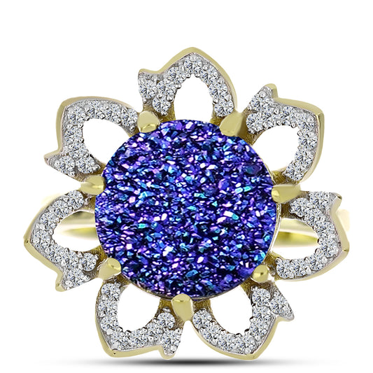 Pozlátený Strieborný Prsteň s Fialovou Drusy a Bielym Topásom