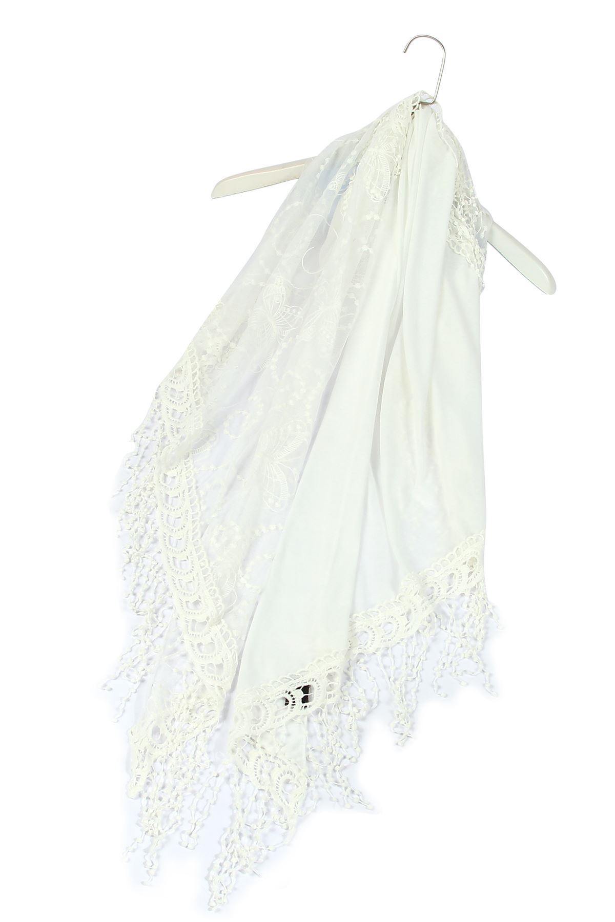 Bavlnený lichobežníkový šál-šatka, 80 cm x 198 cm x 70 cm, Motýlí a krajkový vzor, Biela - KlenotTV.sk