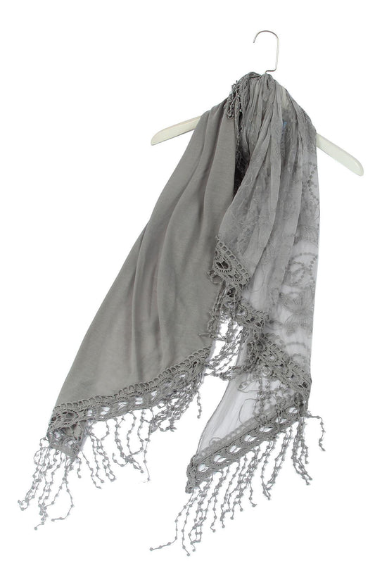 Bavlnený lichobežníkový šál-šatka, 80 cm x 198 cm x 70 cm, Motýlí a krajkový vzor, Sivá - KlenotTV.sk