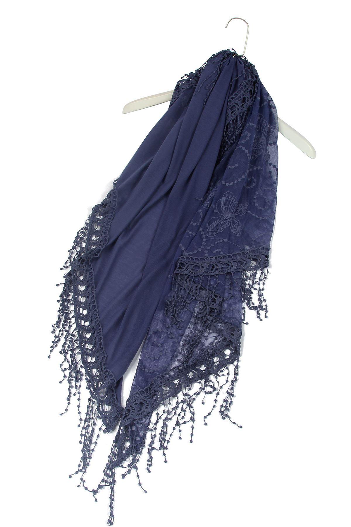 Bavlnený lichobežníkový šál-šatka, 80 cm x 198 cm x 70 cm, Motýlí a krajkový vzor, Džínsová - KlenotTV.sk