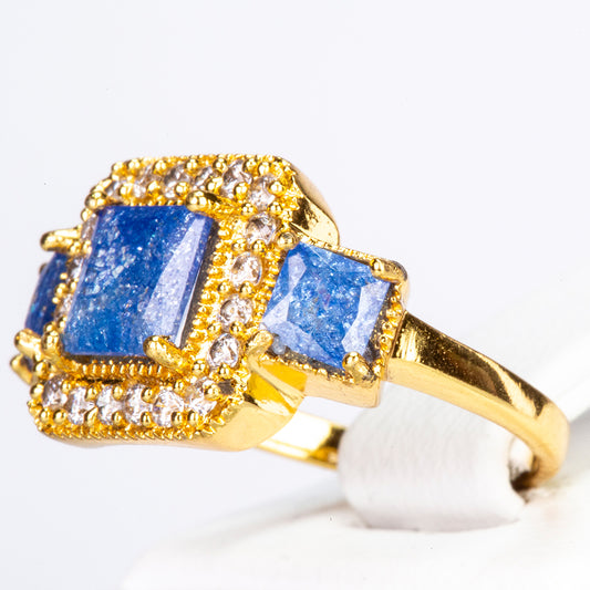 YELLOW gold plated Ring with SAPPHIRE CRUNCHY WHITE ZIRCON