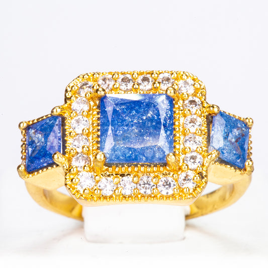 YELLOW gold plated Ring with SAPPHIRE CRUNCHY WHITE ZIRCON