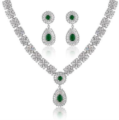 Bielym Zlatom Pozlátené Zliatinové Sada s so Zeleným Emporia® Krištáľom a Bielym Emporia® Krištáľom ( Náhrdelník+Náušnice ) 1 