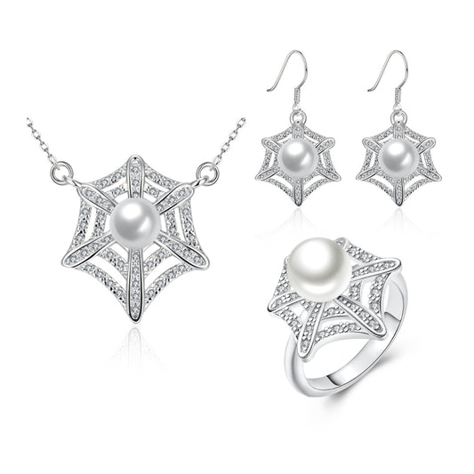 Pozlátené Zliatinové Sada s Bielym Emporia® Krištáľom a Perlou ( Náhrdelník+Náušnice+Prsteň )