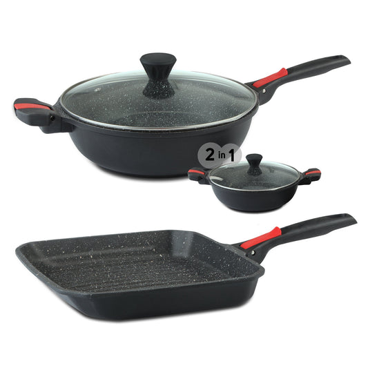 Berlinger Haus 3dielna sada panvíc s mramorovým povlakom, odnímateľnou rukoväťou a vekom