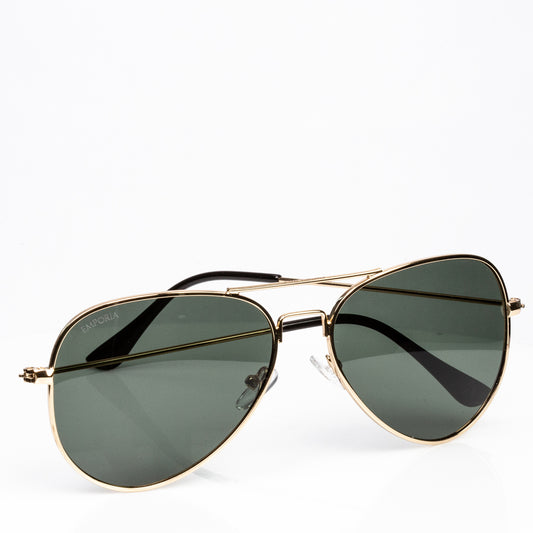 Emporia Italy - séria Aviator "ORIGINÁL", polarizované slnečné okuliare s pevným puzdrom a čistiacou handričkou, tmavo zelené šošovky, obrúčky zlatej farby
