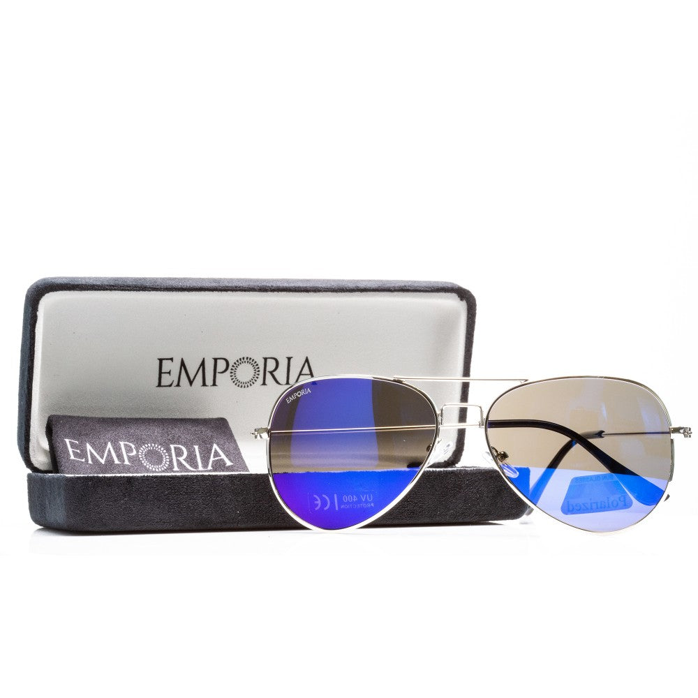 Emporia Italy - séria Aviator "LAGÚNA", polarizované slnečné okuliare s pevným puzdrom a čistiacou handričkou, modrofialové šošovky, obrúčky striebornej farby 1 