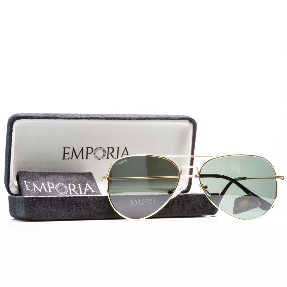 Emporia Italy - séria Aviator "ORIGINÁL", polarizované slnečné okuliare s pevným puzdrom a čistiacou handričkou, tmavo zelené šošovky, obrúčky zlatej farby 1 