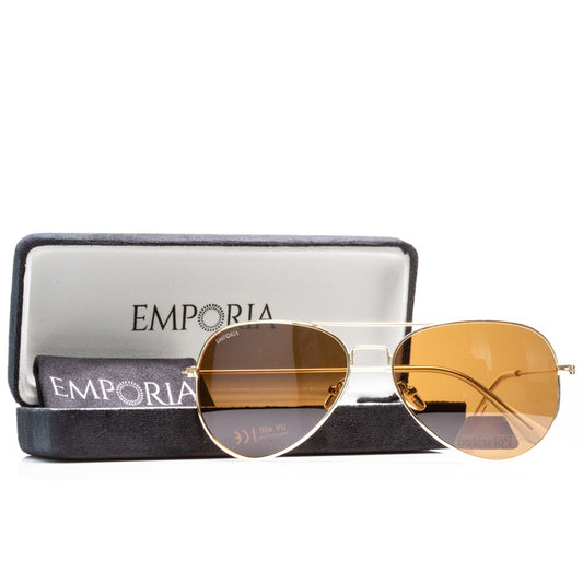 Emporia Italy - séria Aviator "PÚŠŤ", polarizované slnečné okuliare s UV filtrem, s pevným puzdrom a čistiacou handričkou, svetlo hnedé šošovky, obrúčky zlatej farby