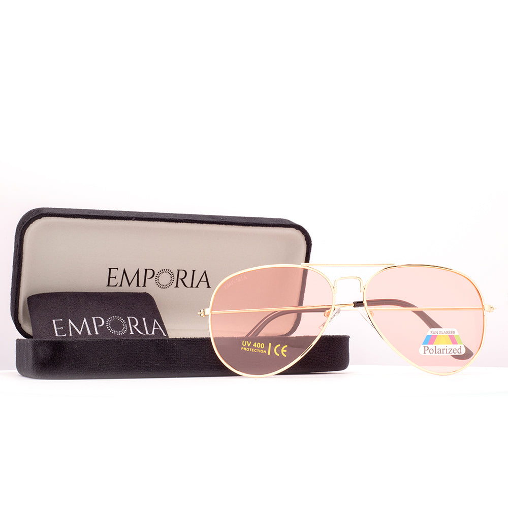 Emporia Italy - séria Aviator "CANDY", polarizované slnečné okuliare s UV filtrem, s pevným puzdrom a čistiacou handričkou, ružové šošovky, obrúčky zlatej farby