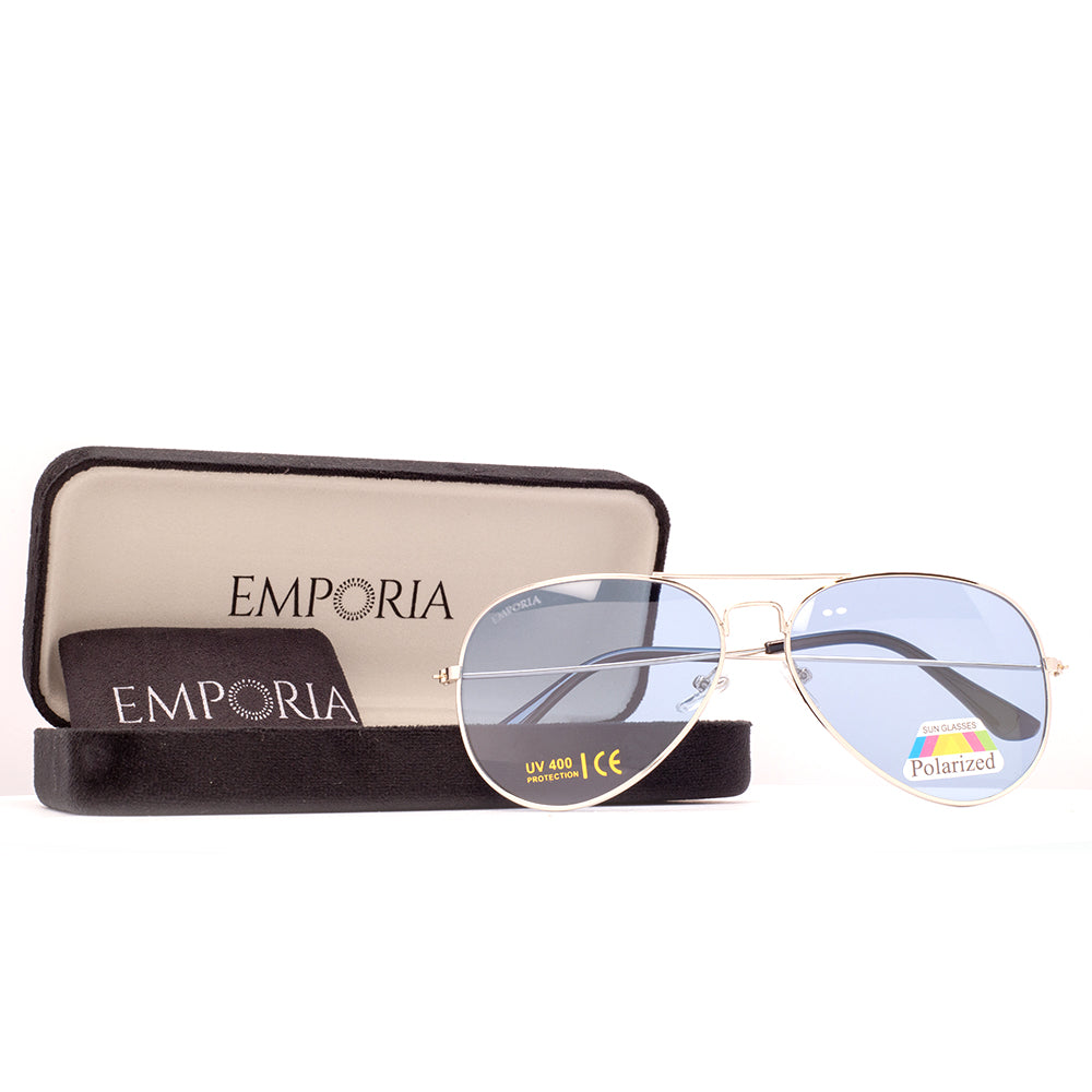 Emporia Italy - séria Aviator "ICE", polarizované slnečné okuliare s UV filtrem, s pevným puzdrom a čistiacou handričkou, svetlomodré šošovky, obrúčky striebornej farby