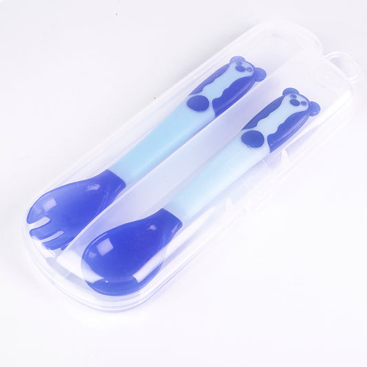 Súprava detskej lyžičky a vidličky s tepelným senzorom, ohýbateľná, bez BPA, farba: modrá