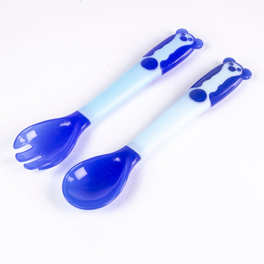 Súprava detskej lyžičky a vidličky s tepelným senzorom, ohýbateľná, bez BPA, farba: modrá