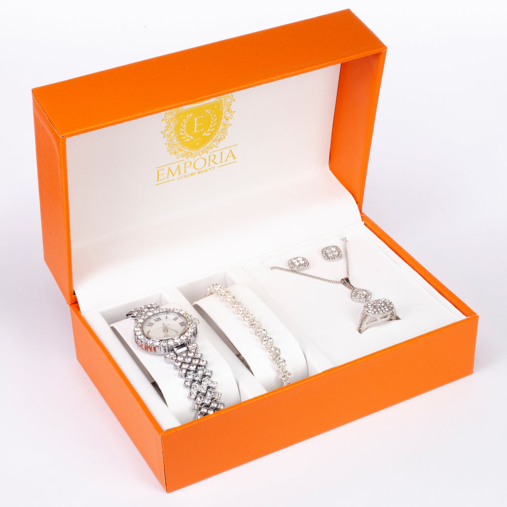 Pozlátený Zliatinový Hodinky s Bielym Emporia® Krištáľom (Náhrdelník+Náušnice+Náramok+Prívesok) 1 