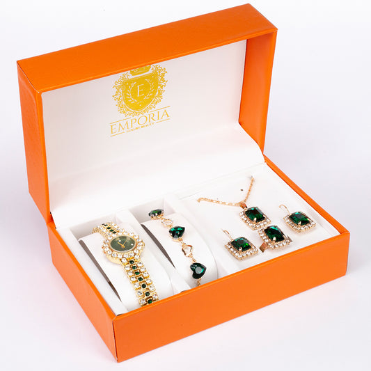 6dielna sada šperkov Emporia prémiovej kvality s hodinkami, náramkom, retiazkou, príveskom, náušnicami a prsteňom, v exkluzívnej darčekovej krabičke s koženým efektom