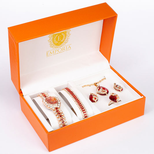 6dielna sada šperkov Emporia prémiovej kvality s hodinkami, náramkom, retiazkou, príveskom, náušnicami a prsteňom, v exkluzívnej darčekovej krabičke s koženým efektom