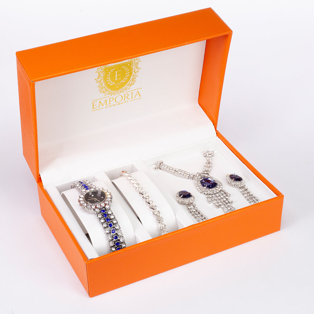 Pozlátený Zliatinový Hodinky s Modrým Emporia® Krištáľom (Náhrdelník+Náušnice+Náramok+Prívesok) 1 