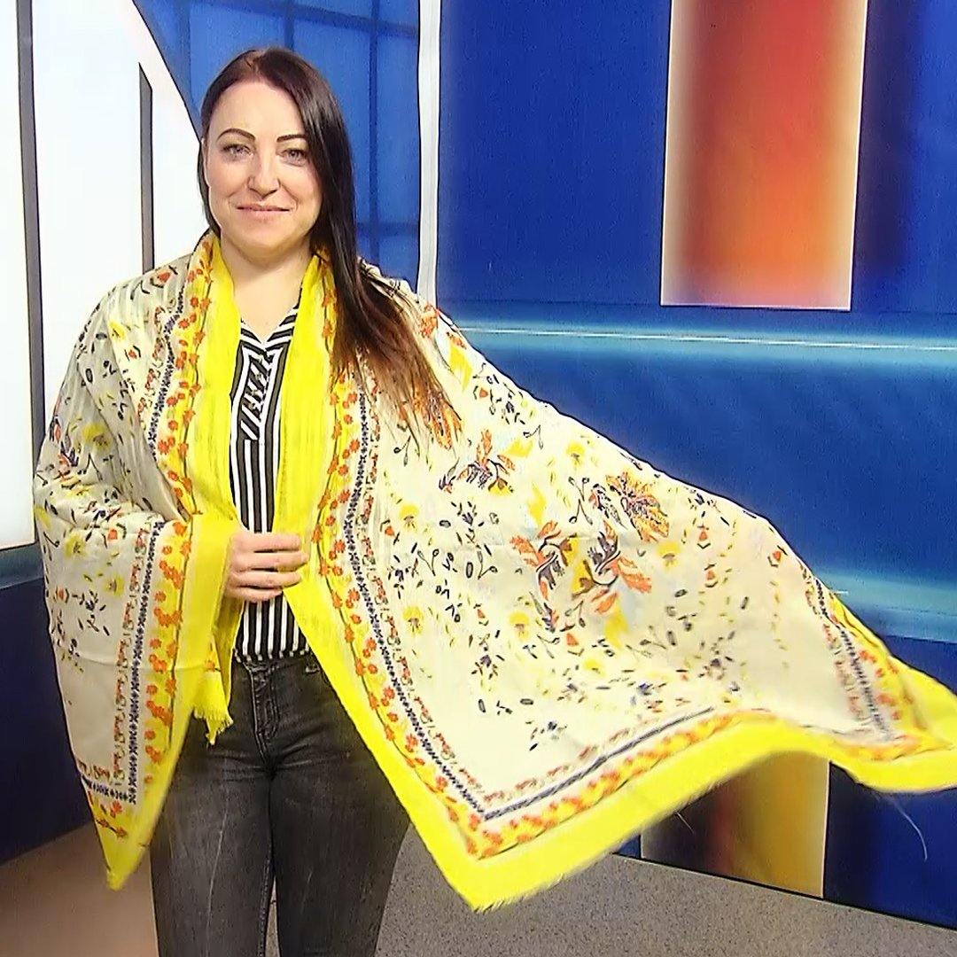 Šál-šatka, 90 cm x 180 cm, Svetlý ľudový kvetinový vzor, žltá - KlenotTV.sk