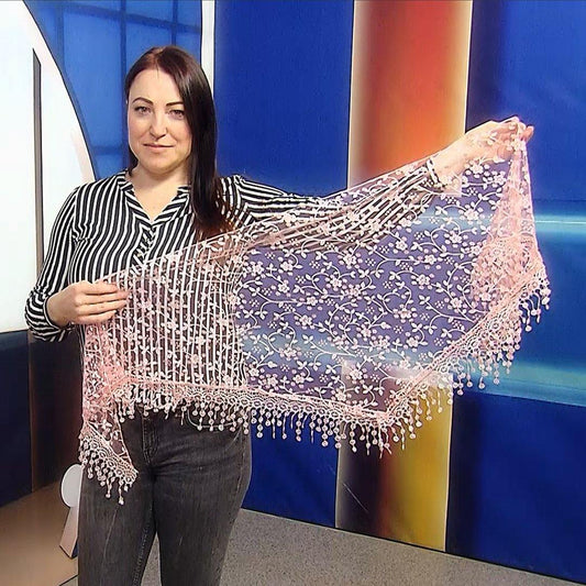 Trojuholníkový Šál-šatka s Trblietavým kvetinovým vzorom, 45 cm x 45 cm x 170 cm, Broskyňová farba - KlenotTV.sk